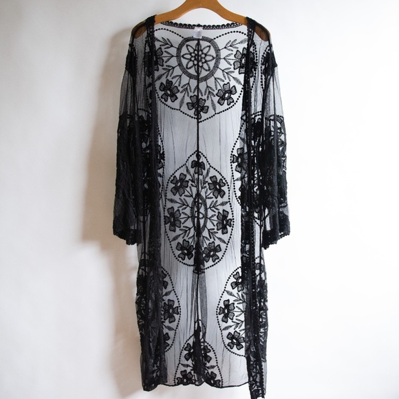Francesca's Collections Other - Francesca's Sheer Floral Boho Black Lace Ankle Length Cover Up Kimono
